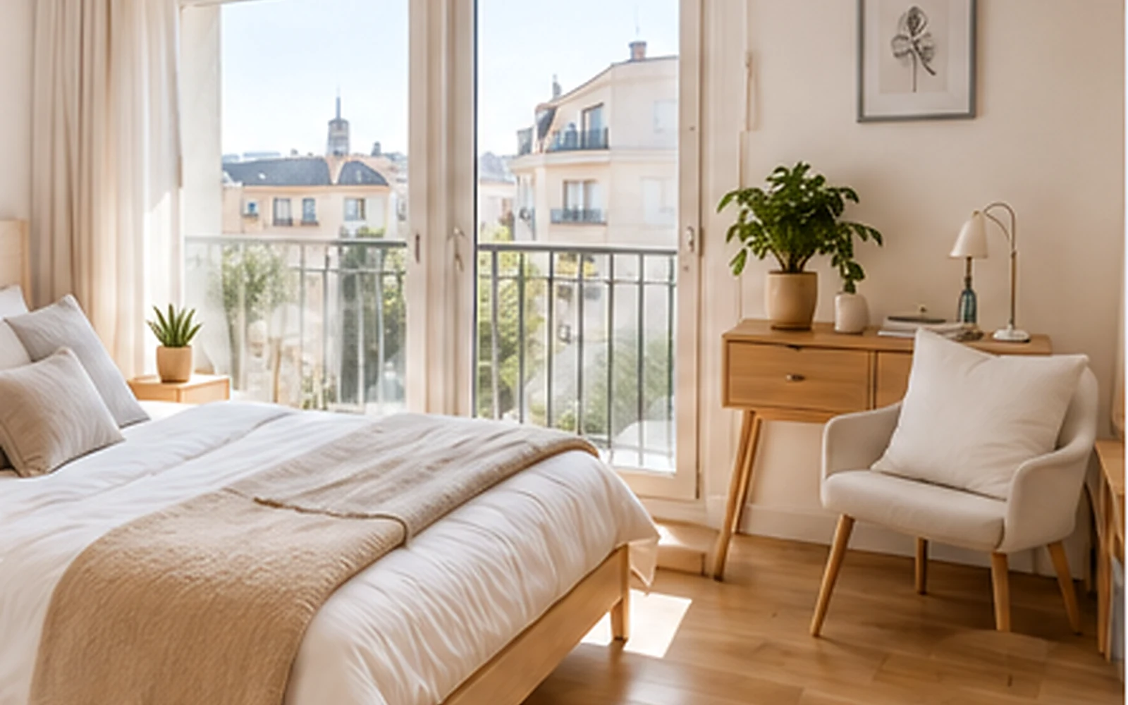 Clean Barcelona short-term rental bedroom prepared with hotel-style bedding and daylight