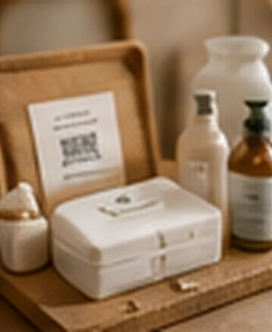 Welcome kit with water coffee local snack and QR guide card